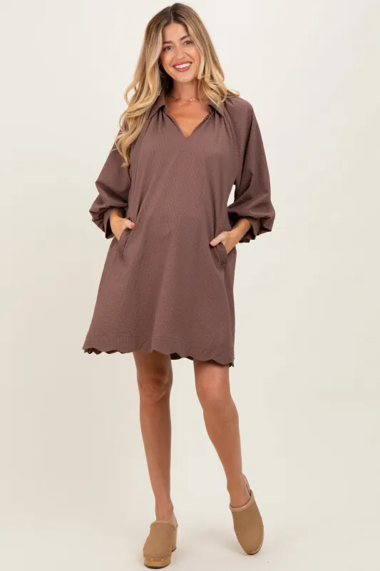 Brown Textured Collared 3/4 Puff Sleeve Maternity Dress sold by Pinkblush