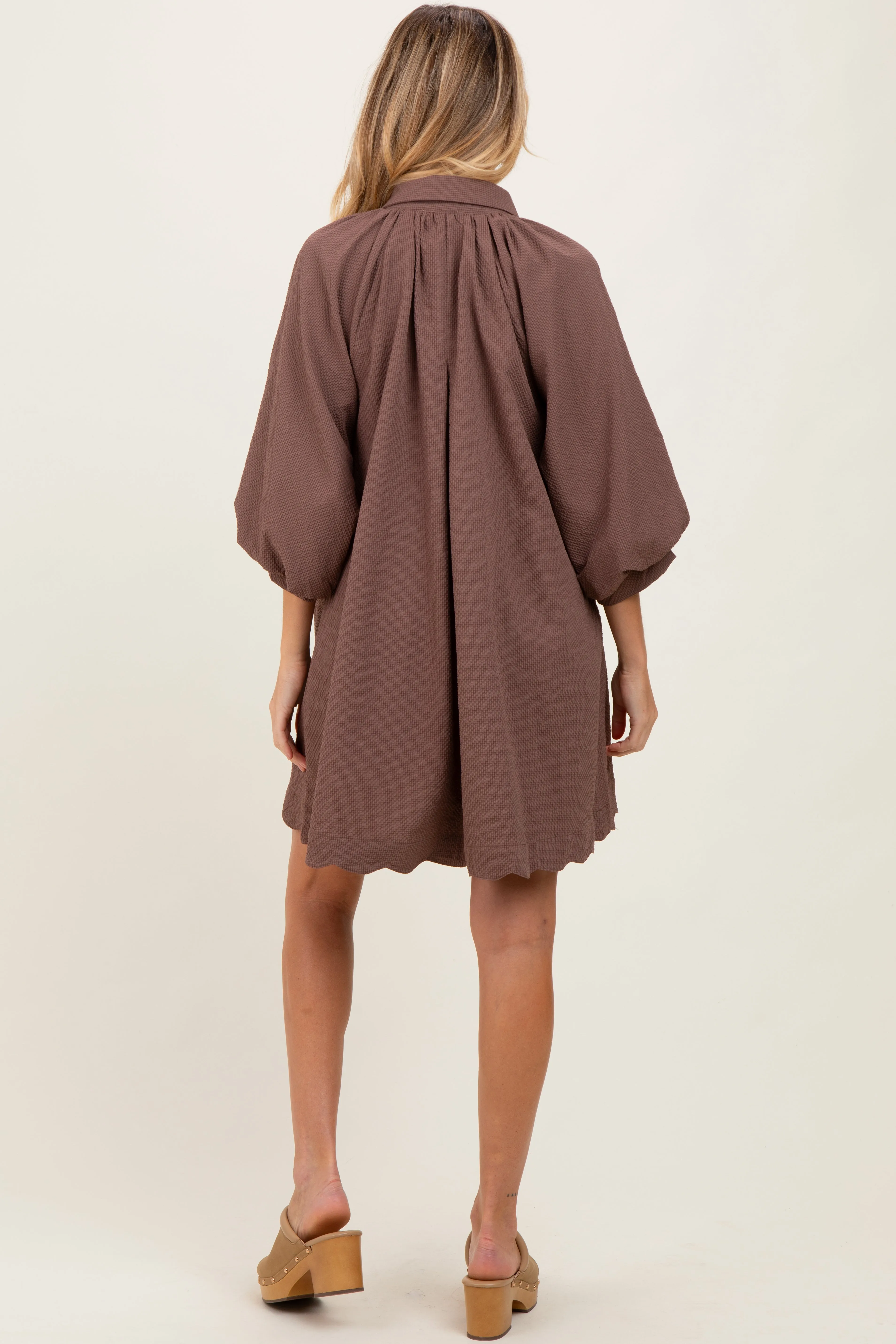 Brown Textured Collared 3/4 Puff Sleeve Maternity Dress sold by Pinkblush product image thumbnail 2
