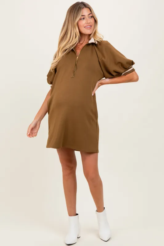 Olive Half Zip Puff Sleeve Maternity Mini Dress sold by Pinkblush