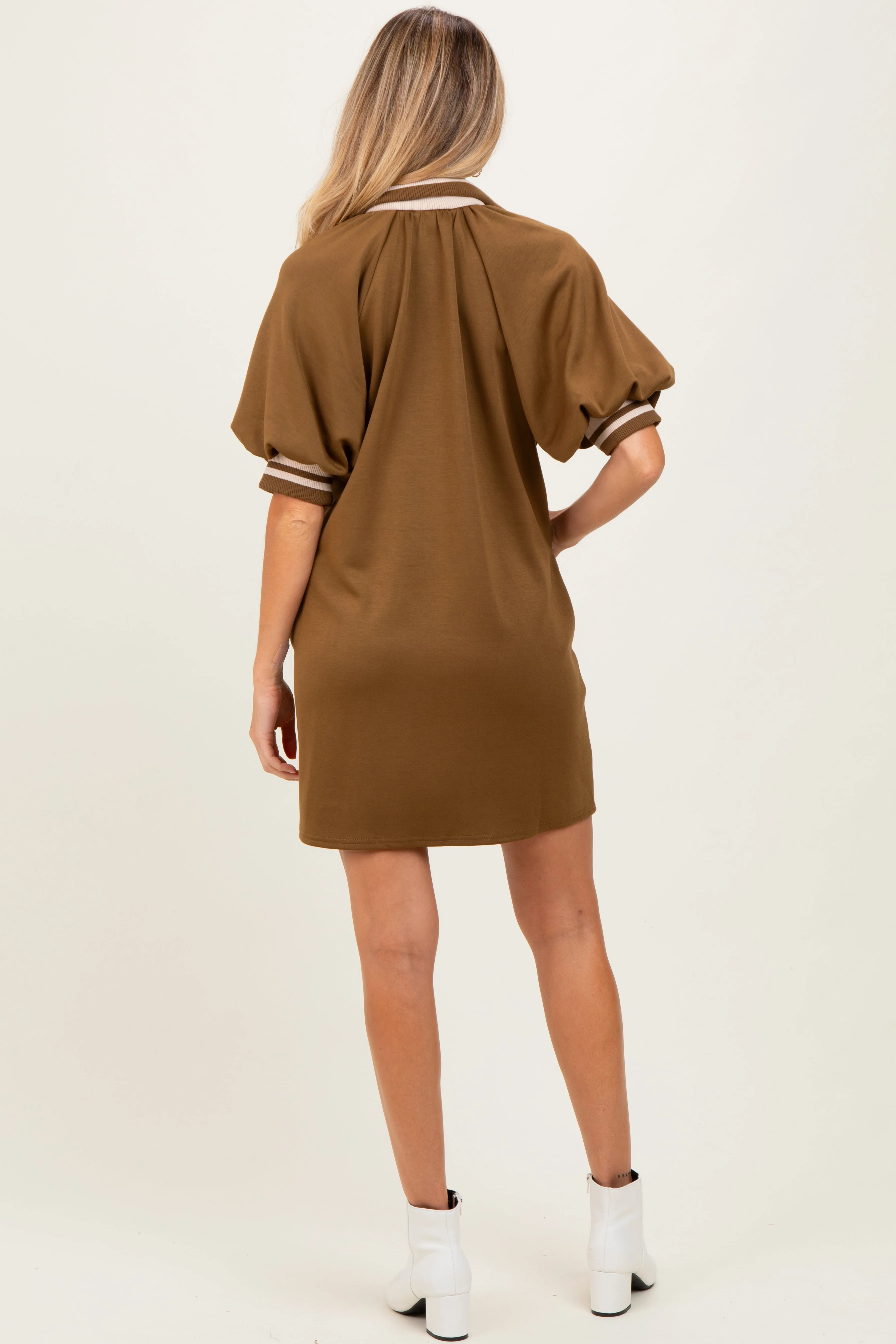 Olive Half Zip Puff Sleeve Maternity Mini Dress sold by Pinkblush product image thumbnail 3