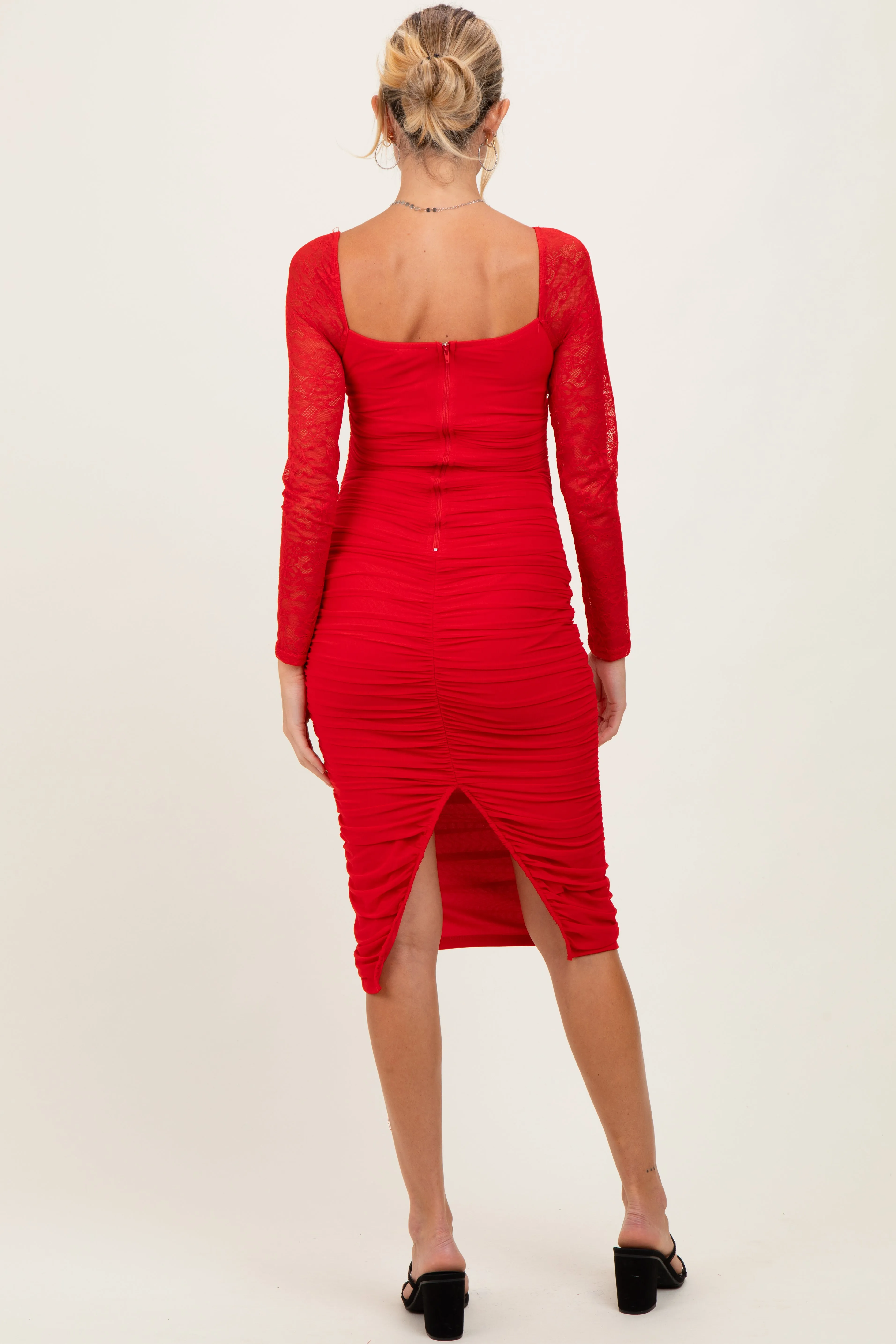 Red Ruched Lace Sleeve Maternity Midi Dress sold by Pinkblush product image thumbnail 4