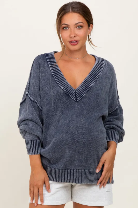 Navy Vintage Wash Oversized V-Neck Maternity Sweater sold by Pinkblush