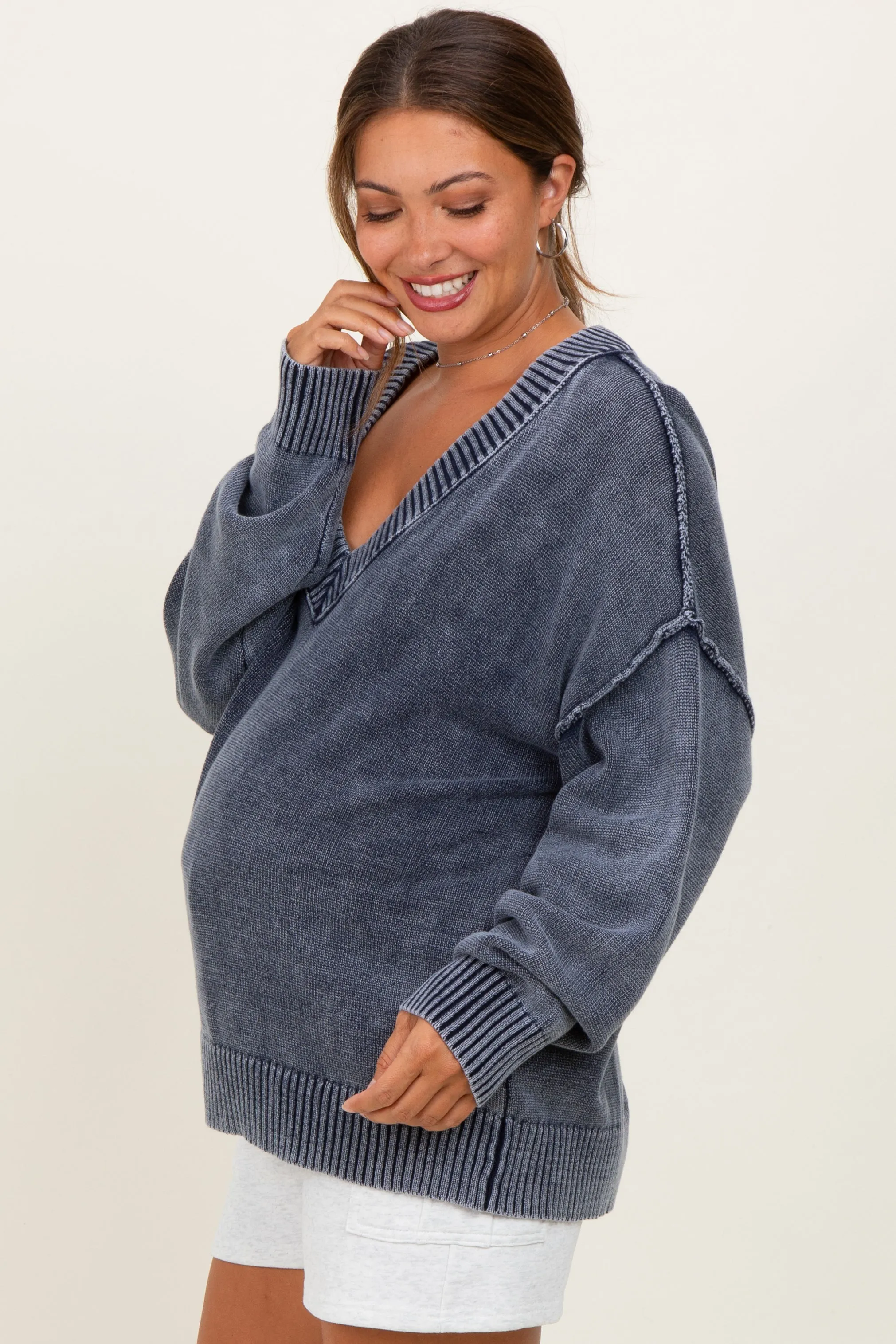 Navy Vintage Wash Oversized V-Neck Maternity Sweater sold by Pinkblush product image thumbnail 2
