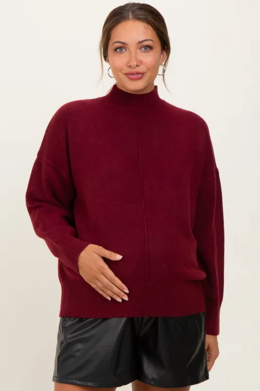 Burgundy Front Seam Mock Neck Maternity Sweater sold by Pinkblush