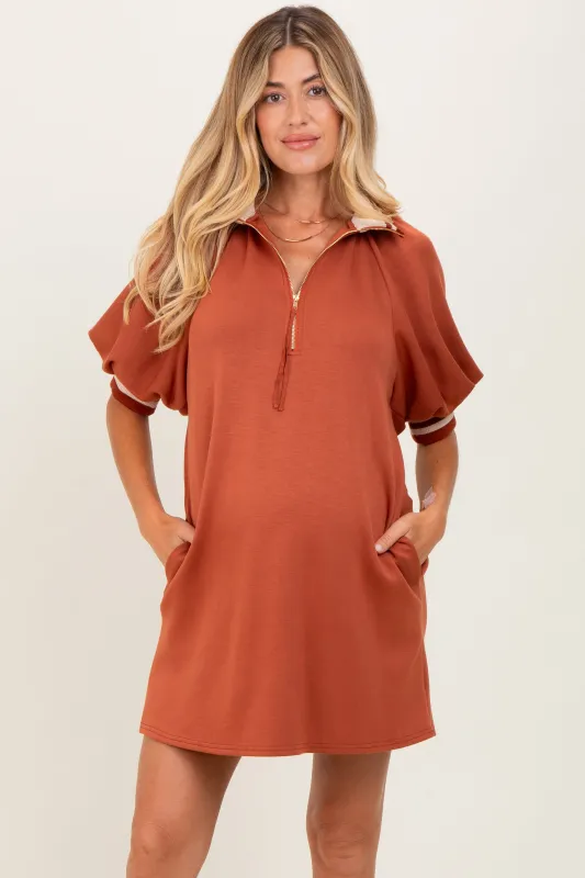 Rust Half Zip Puff Sleeve Maternity Mini Dress sold by Pinkblush