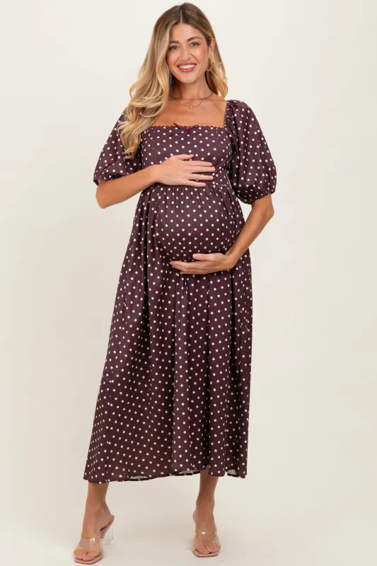 Brown Polka Dot Square Neck Maternity Midi Dress sold by Pinkblush