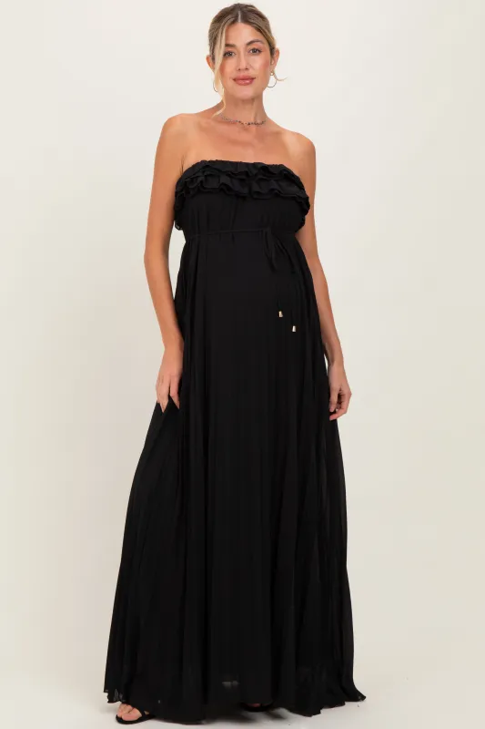 Black Ruffled Chest Pleated Maternity Maxi Dress With Self Tie sold by Pinkblush