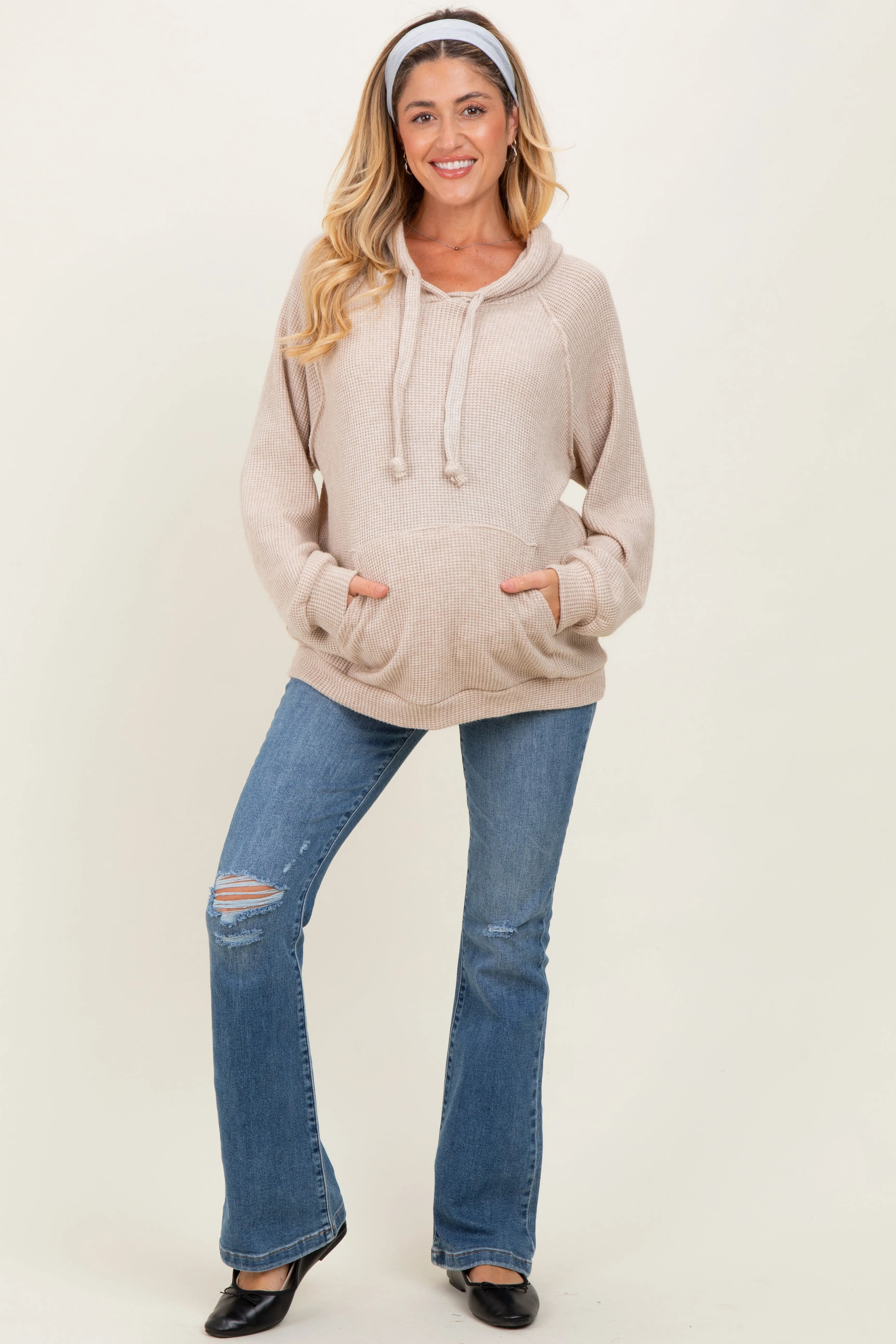Beige Long Sleeve Solid Maternity Hoodie Top sold by Pinkblush product image thumbnail 2