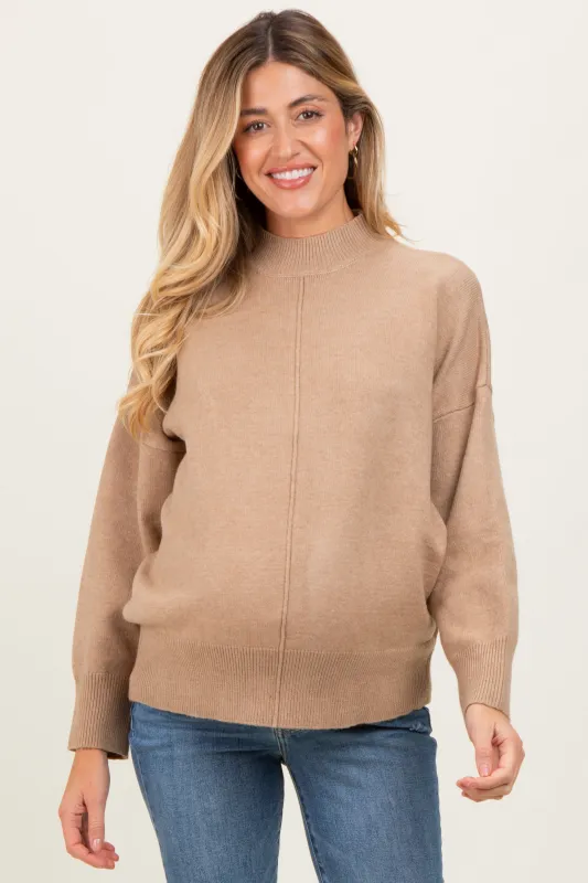 Camel Front Seam Mock Neck Maternity Sweater sold by Pinkblush
