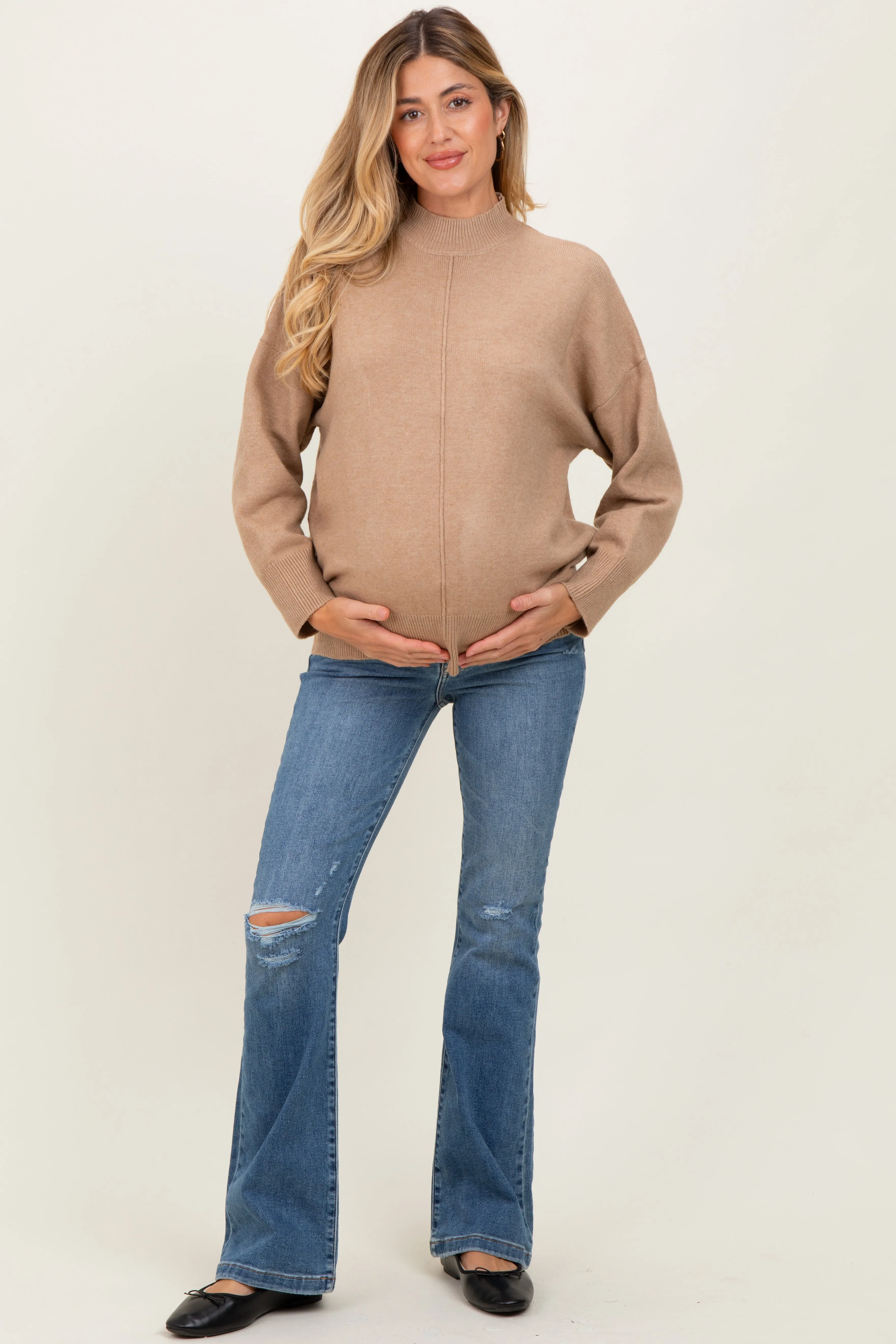 Camel Front Seam Mock Neck Maternity Sweater sold by Pinkblush product image thumbnail 2