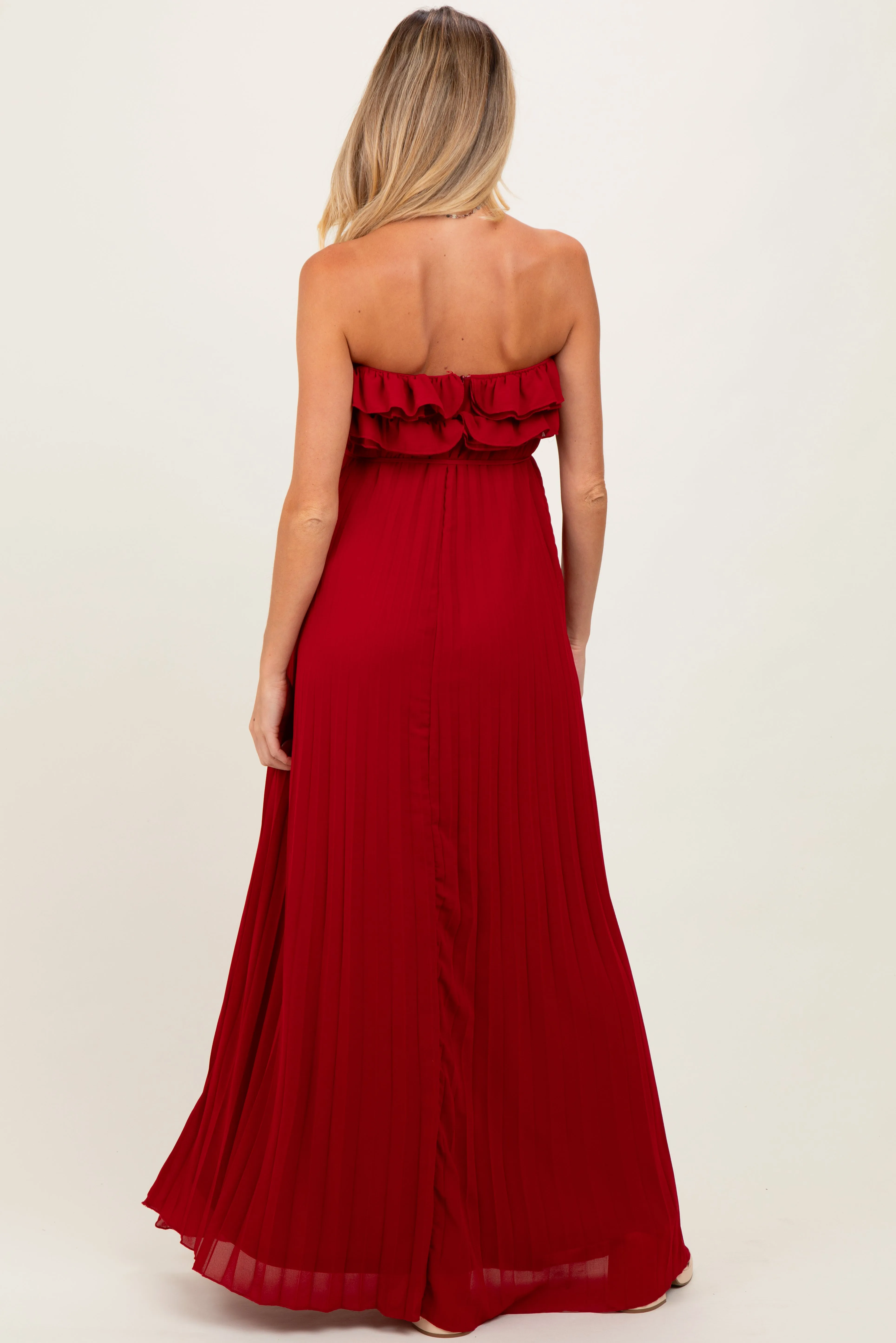 Red Ruffled Chest Pleated Maternity Maxi Dress With Self Tie sold by Pinkblush product image thumbnail 4