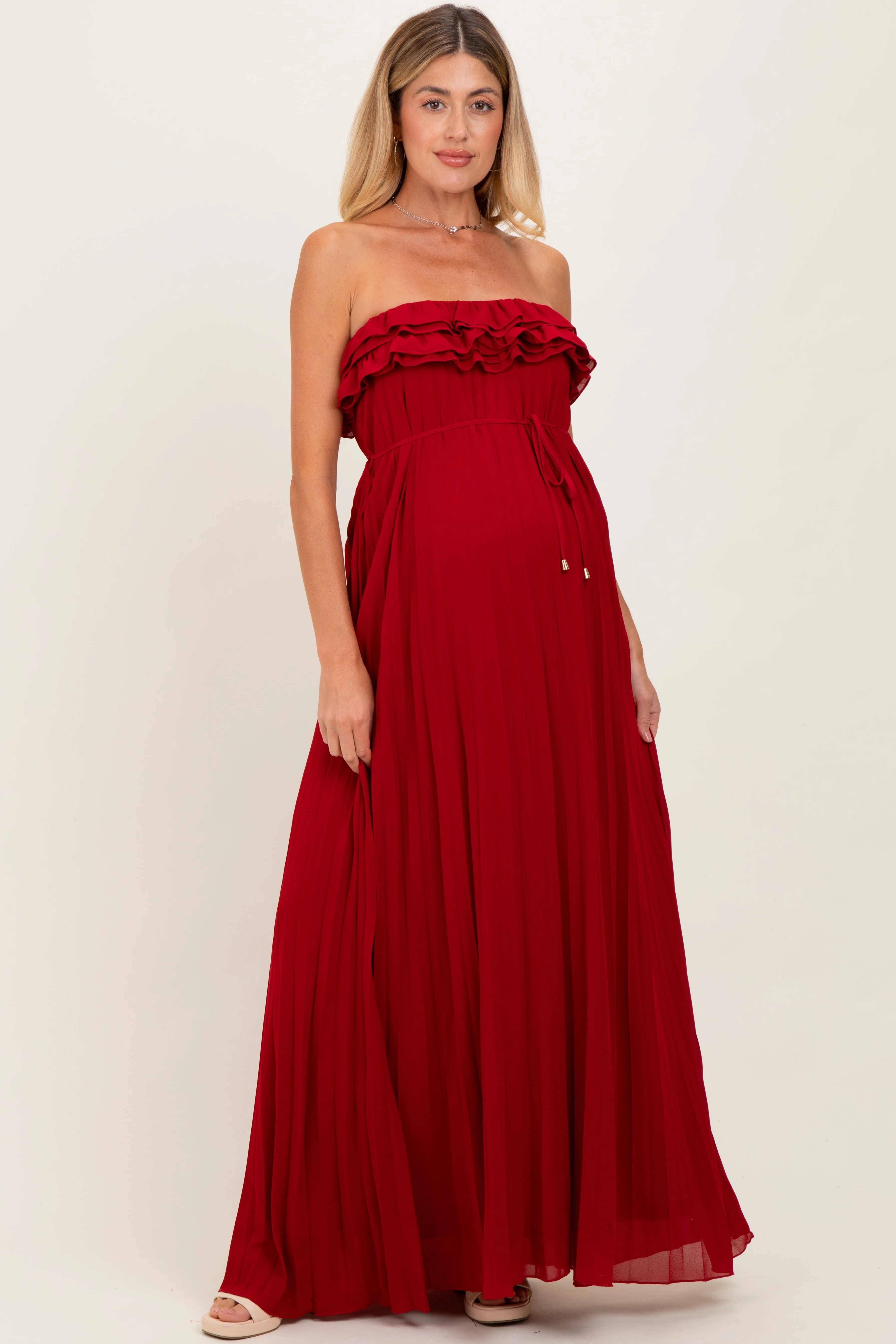 Red Ruffled Chest Pleated Maternity Maxi Dress With Self Tie sold by Pinkblush