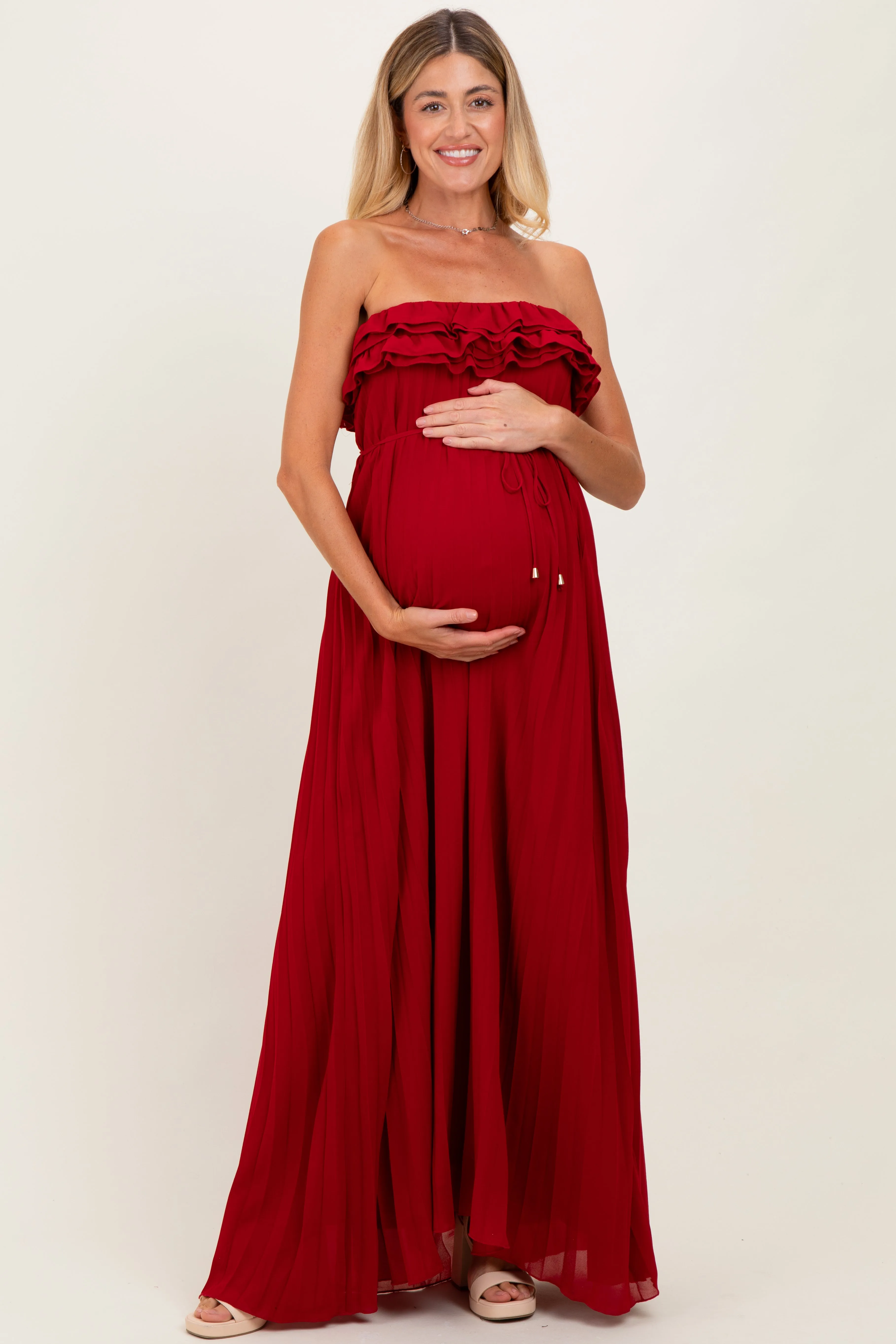 Red Ruffled Chest Pleated Maternity Maxi Dress With Self Tie sold by Pinkblush product image thumbnail 2