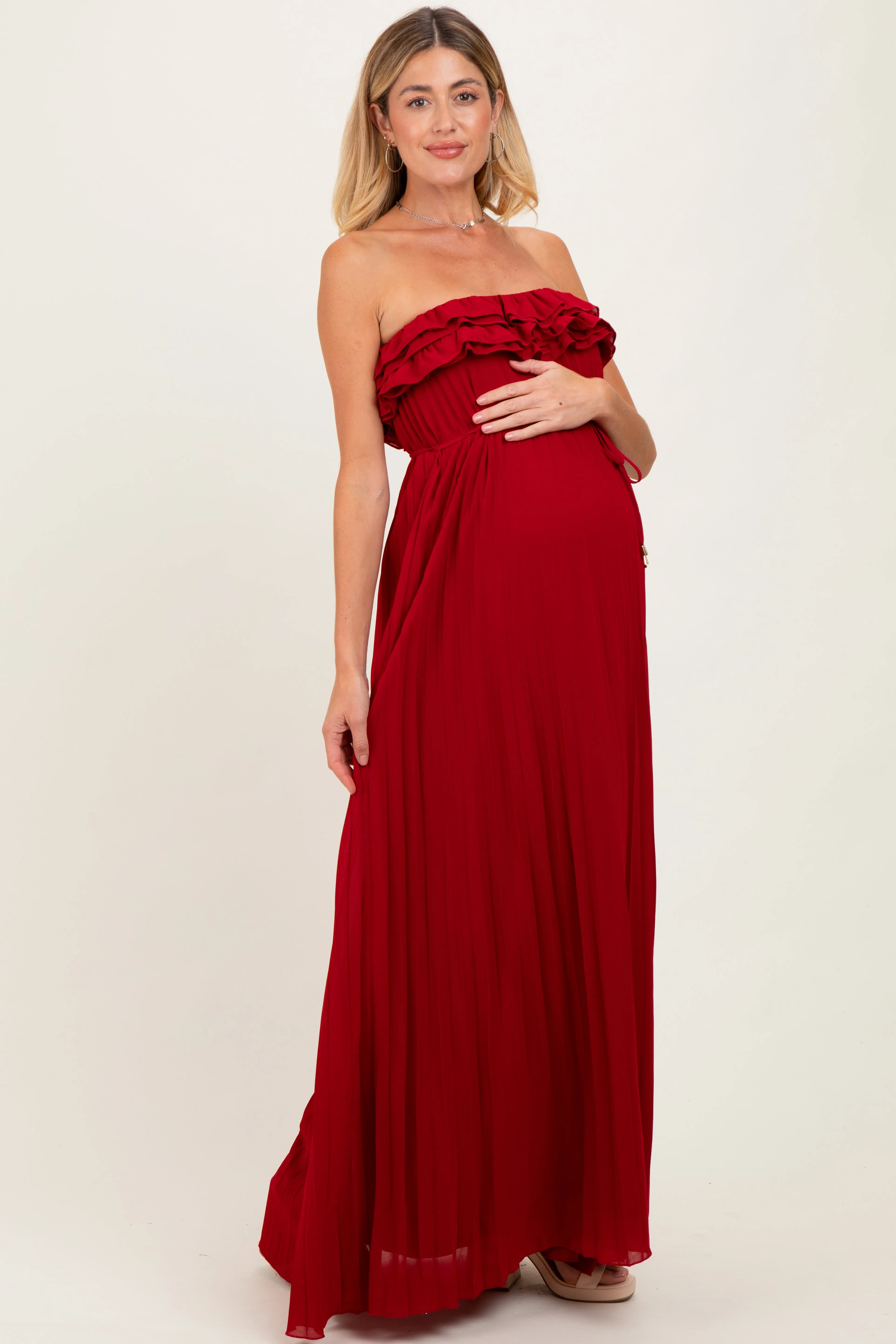 Red Ruffled Chest Pleated Maternity Maxi Dress With Self Tie sold by Pinkblush product image thumbnail 3