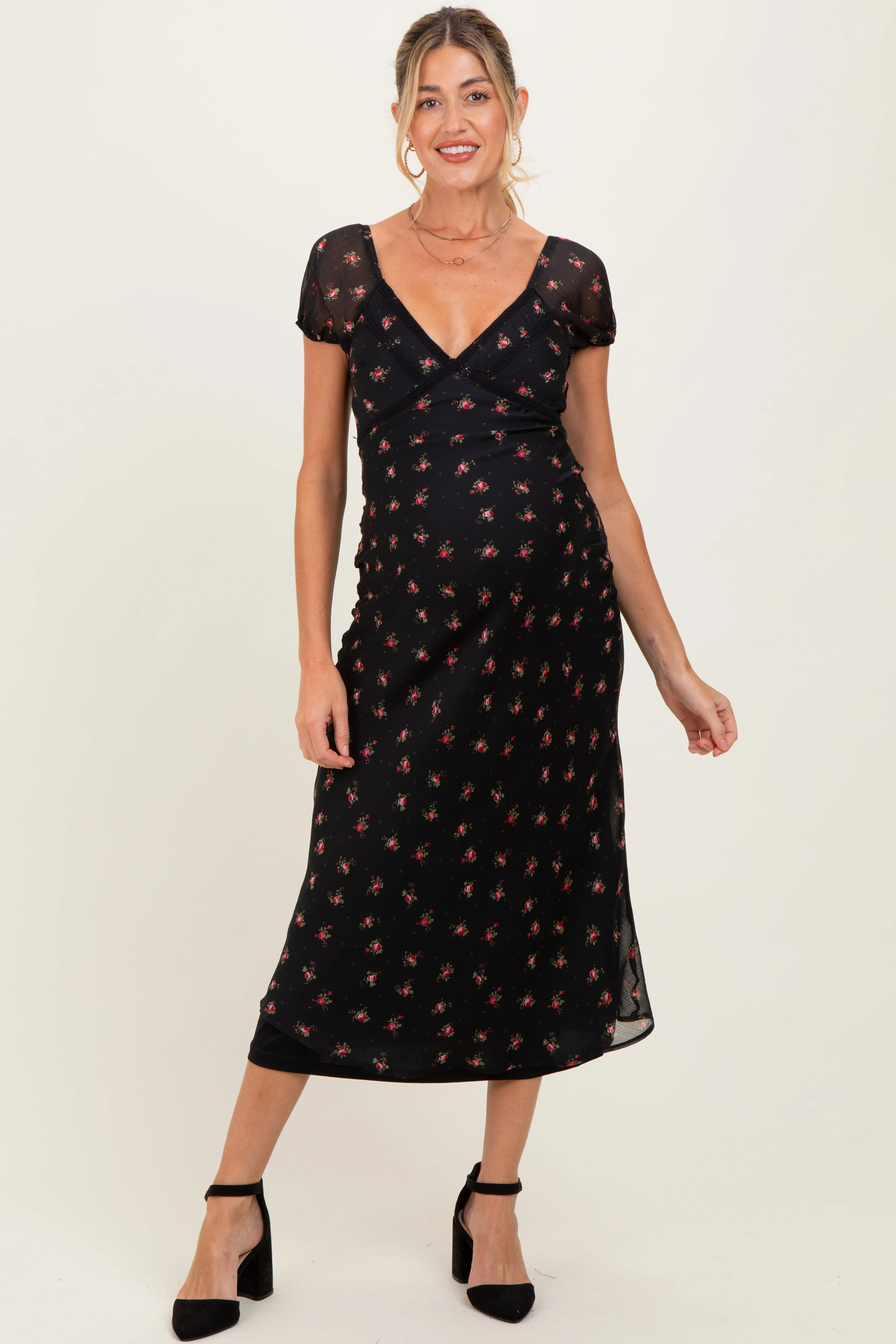Black Floral Chiffon Maternity Maxi Dress sold by Pinkblush