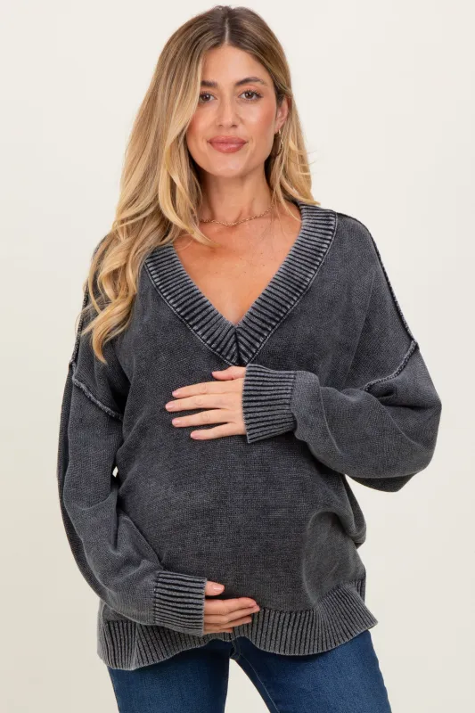 Black Vintage Wash Oversized V-Neck Maternity Sweater sold by Pinkblush