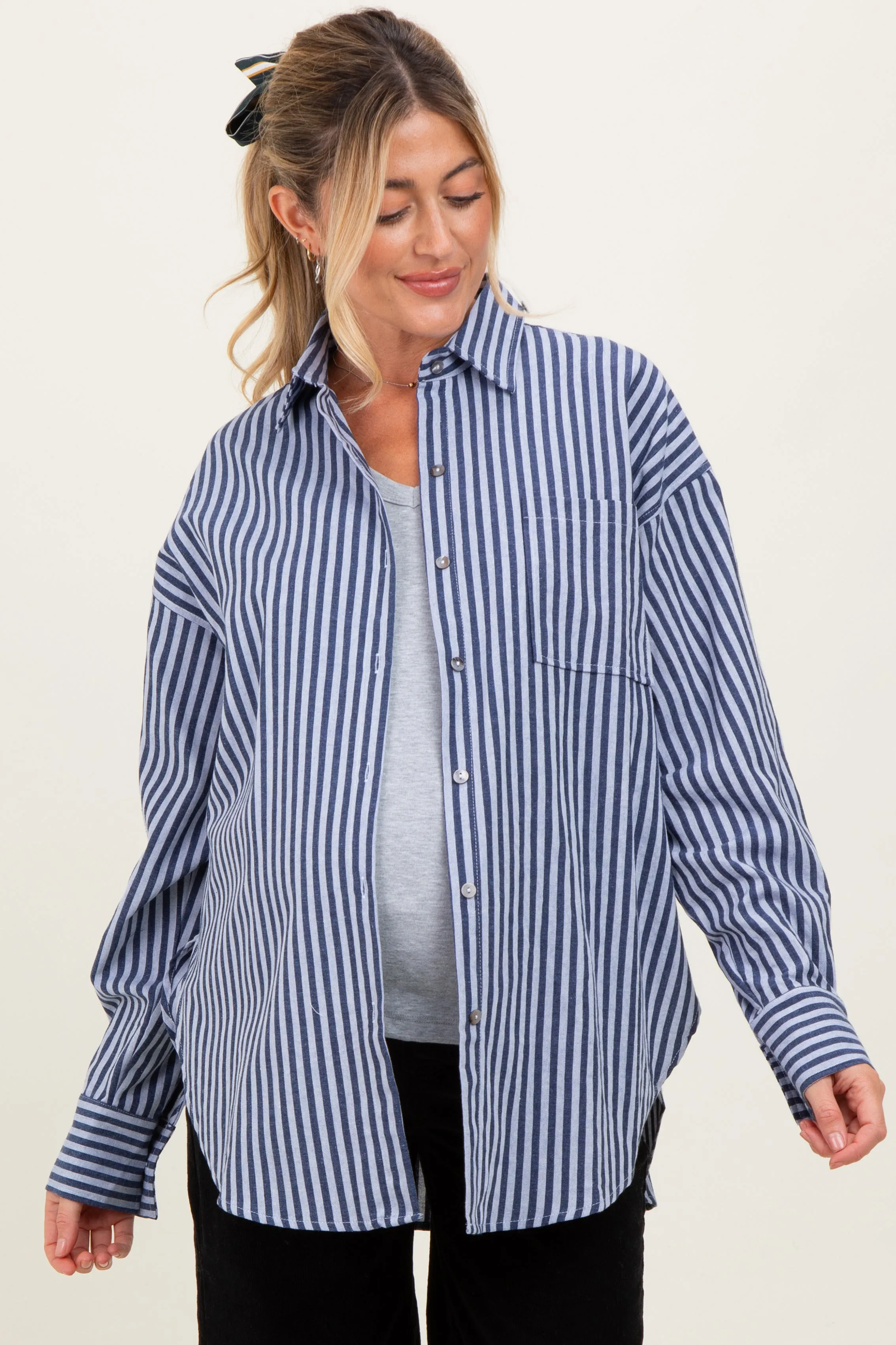 Navy Striped Linen Blend Maternity Button Down Shirt sold by Pinkblush