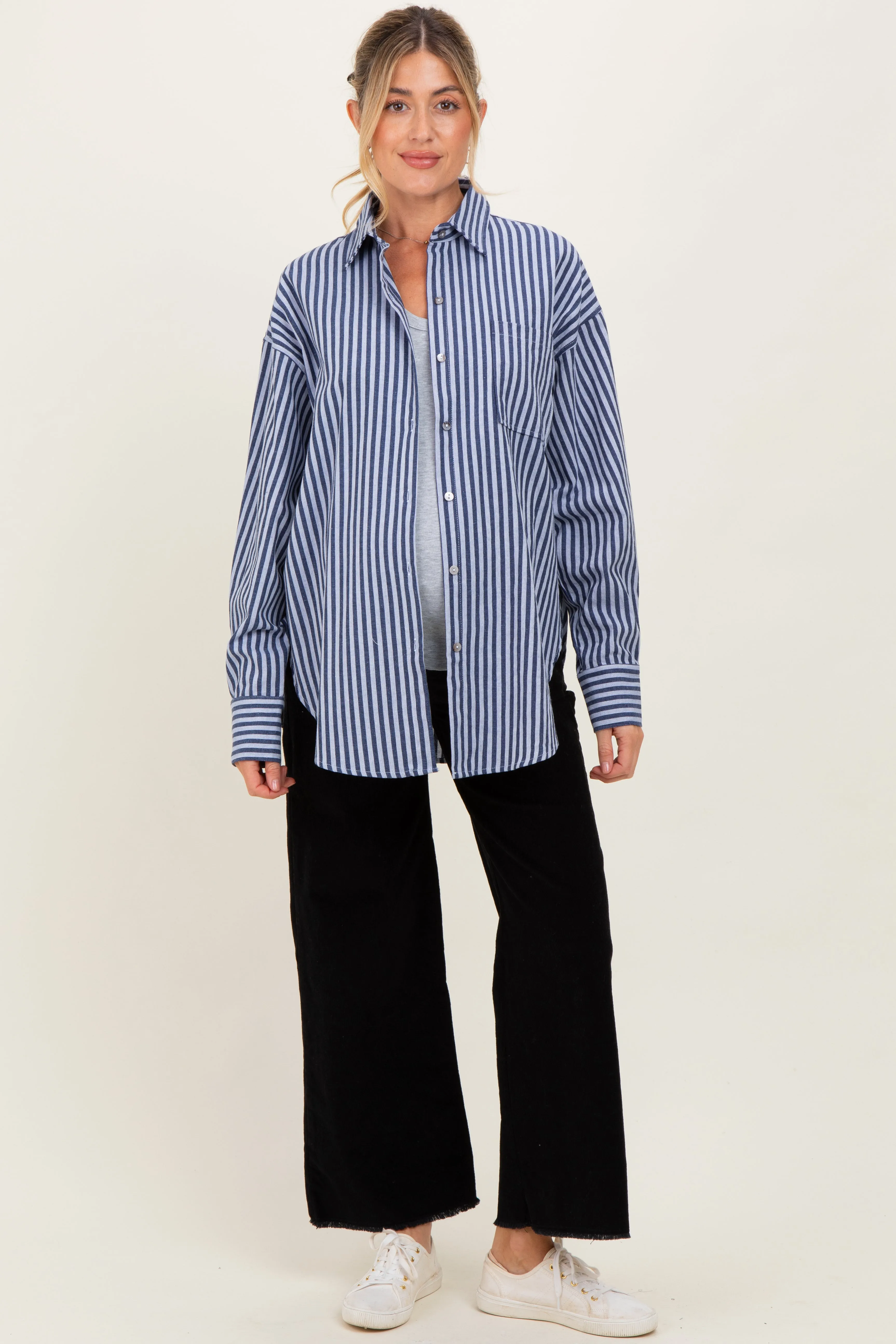 Navy Striped Linen Blend Maternity Button Down Shirt sold by Pinkblush product image thumbnail 2