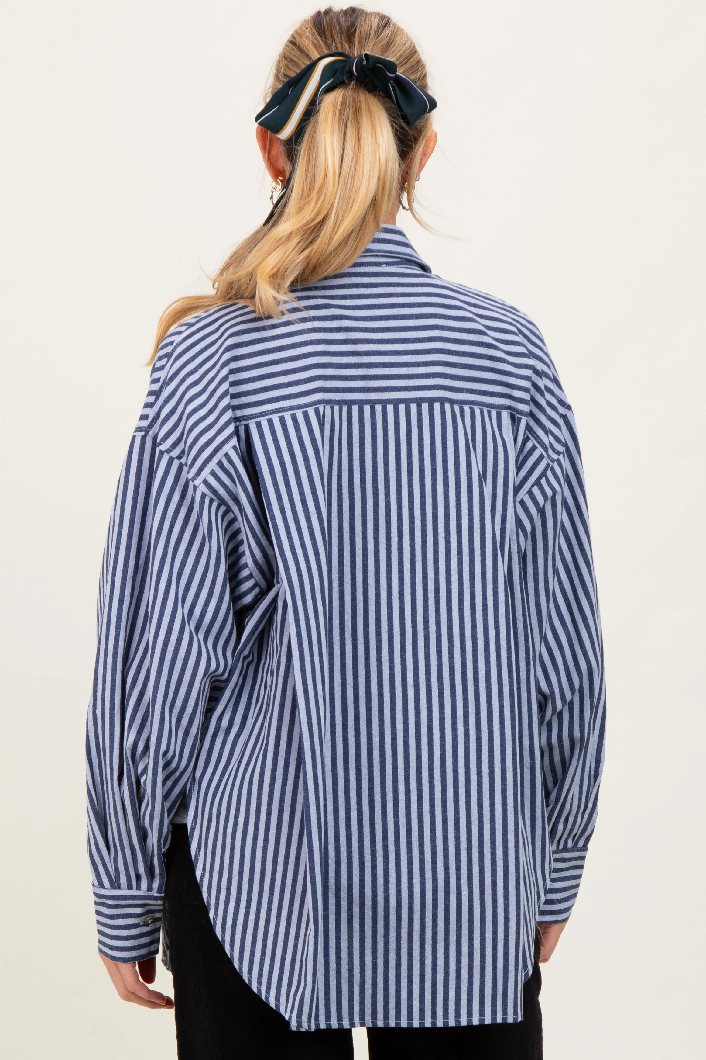 Navy Striped Linen Blend Maternity Button Down Shirt sold by Pinkblush product image thumbnail 3