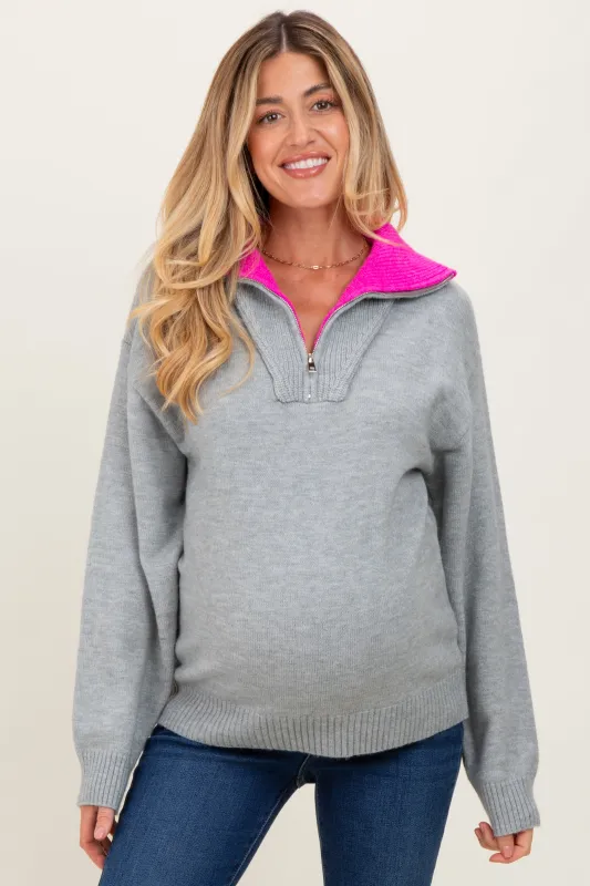 Heather Grey Contrast Collar Half Zip Maternity Sweater sold by Pinkblush
