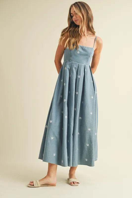 Denim Tied Back Embroidered Midi Dress sold by Pinkblush