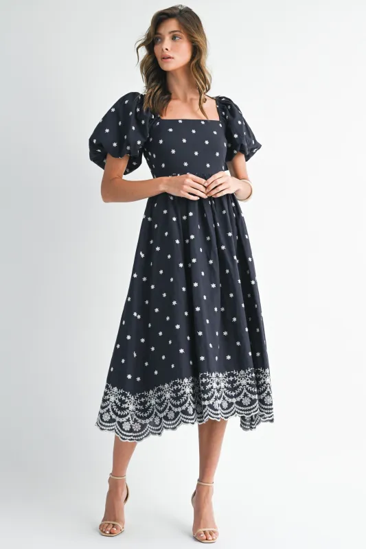 Navy Floral Embroidery Puff Sleeve Midi  Dress sold by Pinkblush