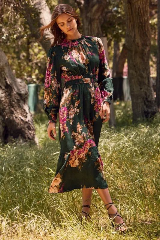 Forest Green Floral Long Sleeve Midi Dress sold by Pinkblush