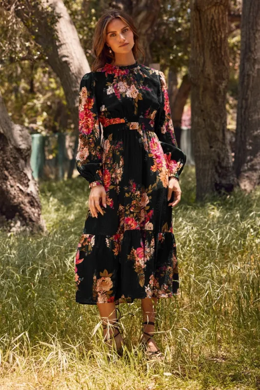 Black Floral Long Sleeve Midi Dress sold by Pinkblush