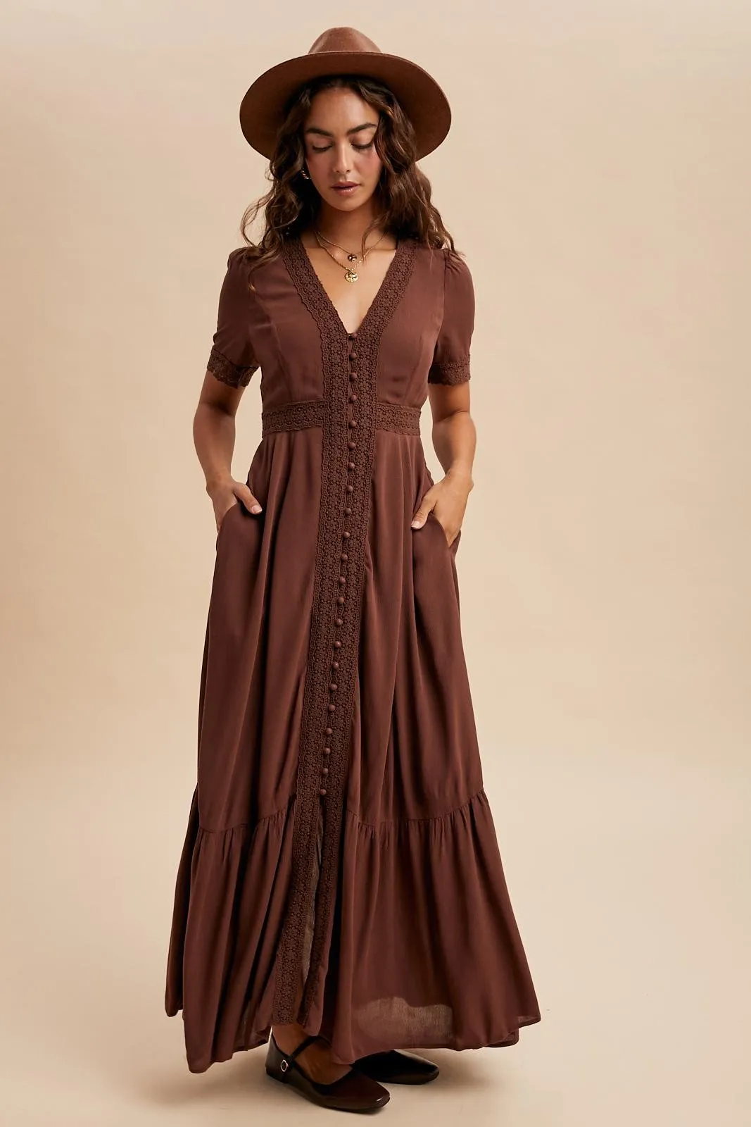 Brown Lace Trim Button Down Maxi Dress sold by Pinkblush product image thumbnail 4