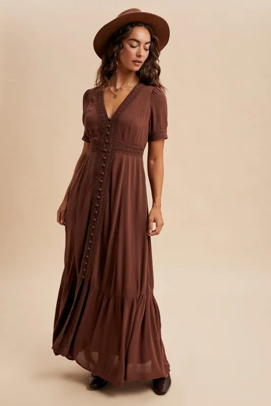 Brown Lace Trim Button Down Maxi Dress sold by Pinkblush