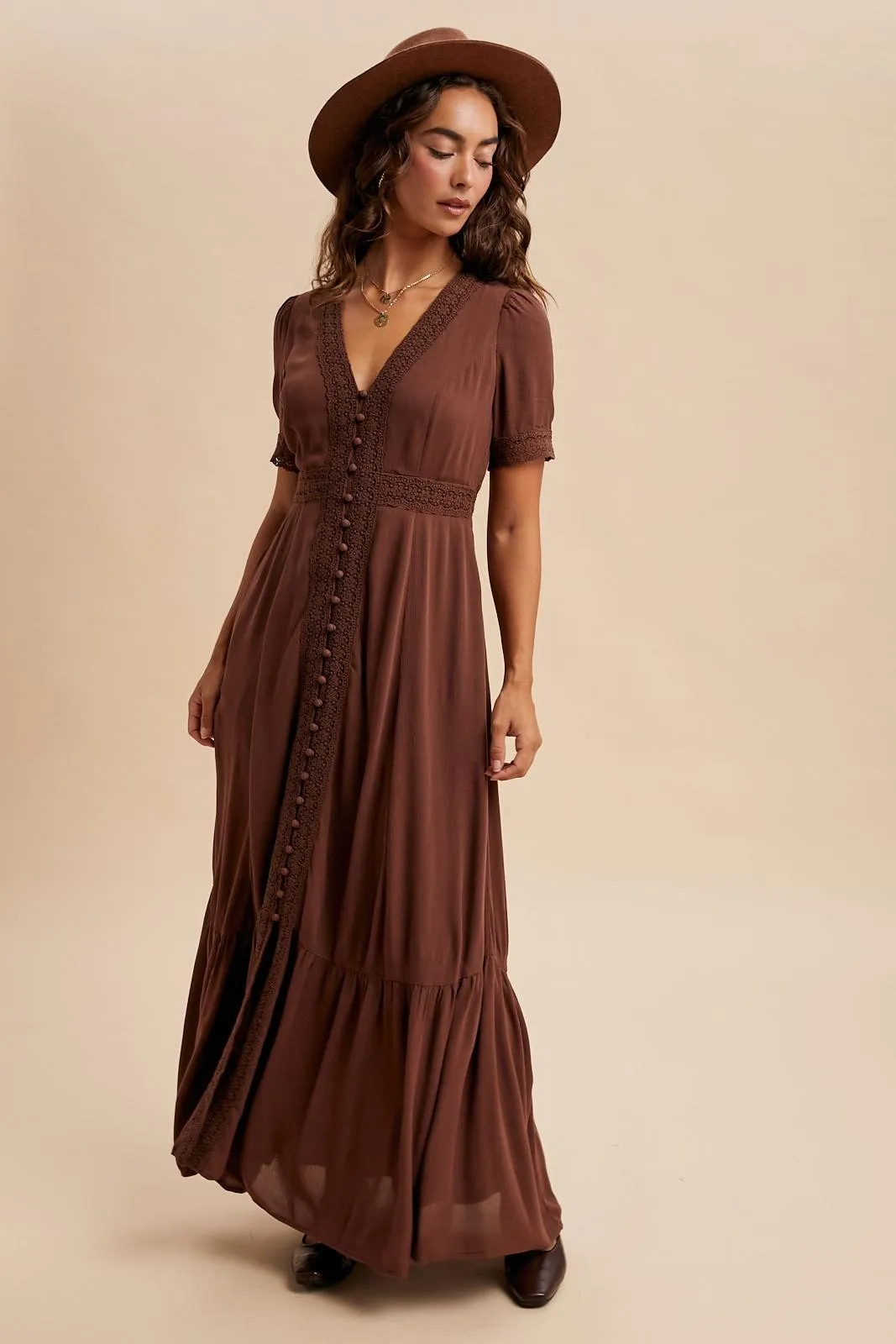 Brown Lace Trim Button Down Maxi Dress sold by Pinkblush