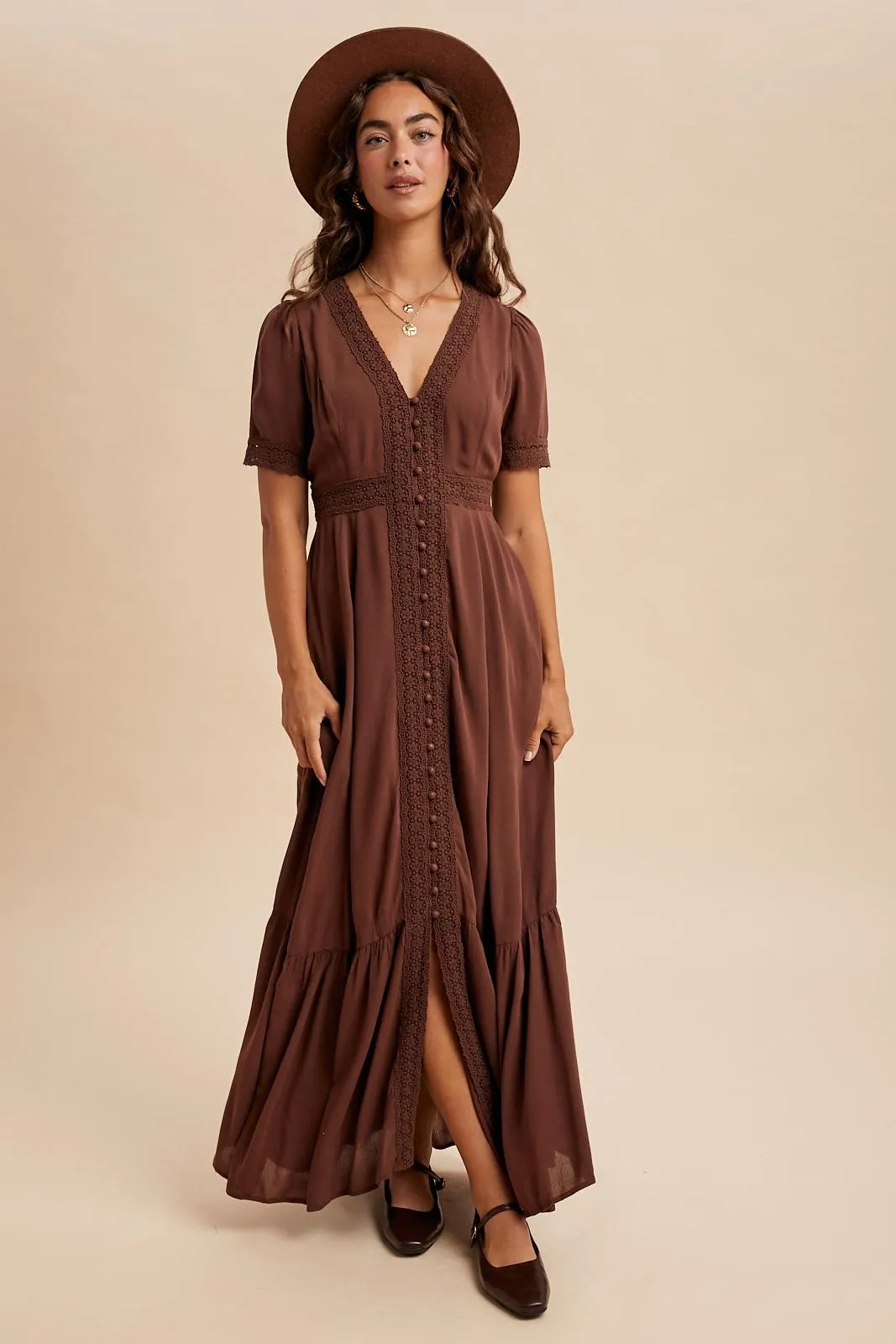 Brown Lace Trim Button Down Maxi Dress sold by Pinkblush product image thumbnail 2