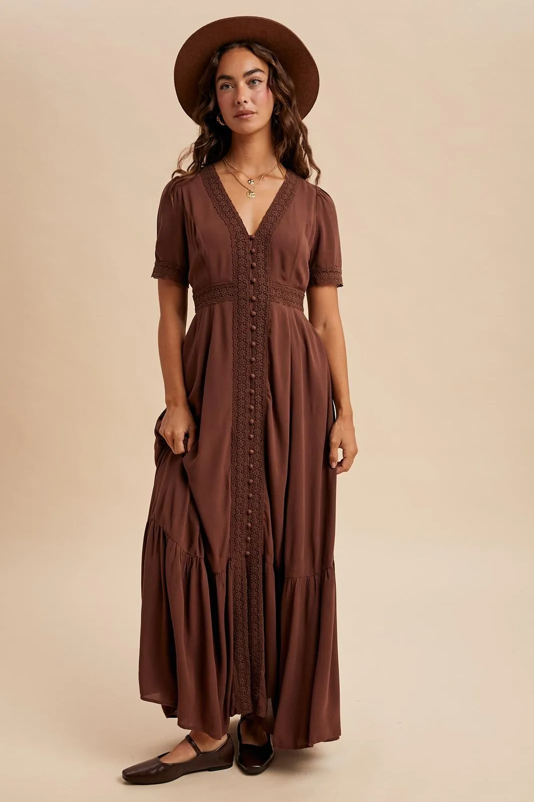 Brown Lace Trim Button Down Maxi Dress sold by Pinkblush product image thumbnail 3