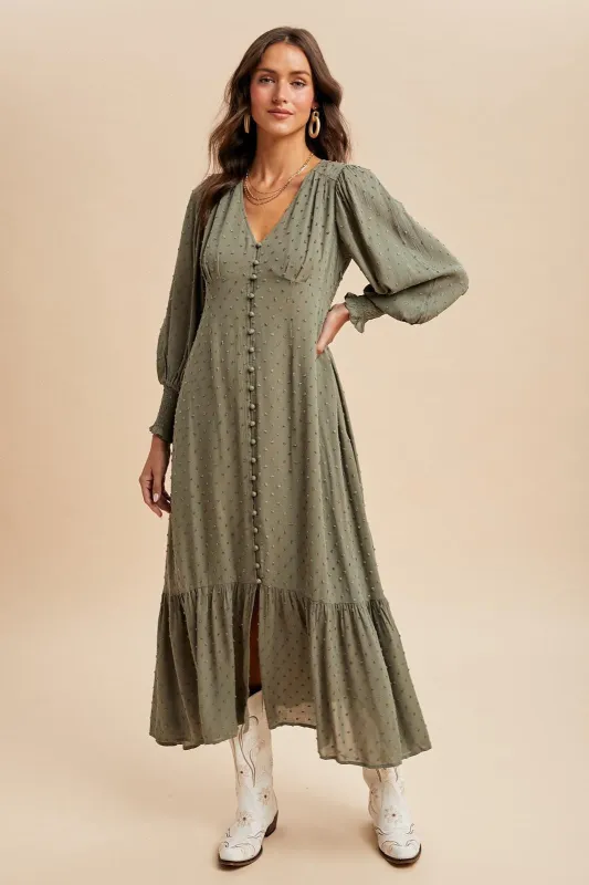 Dusty Olive Swiss Dot Button Down Maxi Dress sold by Pinkblush