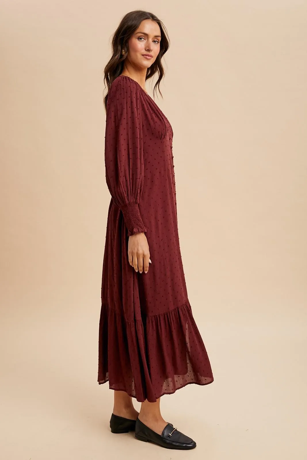 Burgundy Swiss Dot Button Down Maxi Dress sold by Pinkblush product image thumbnail 3