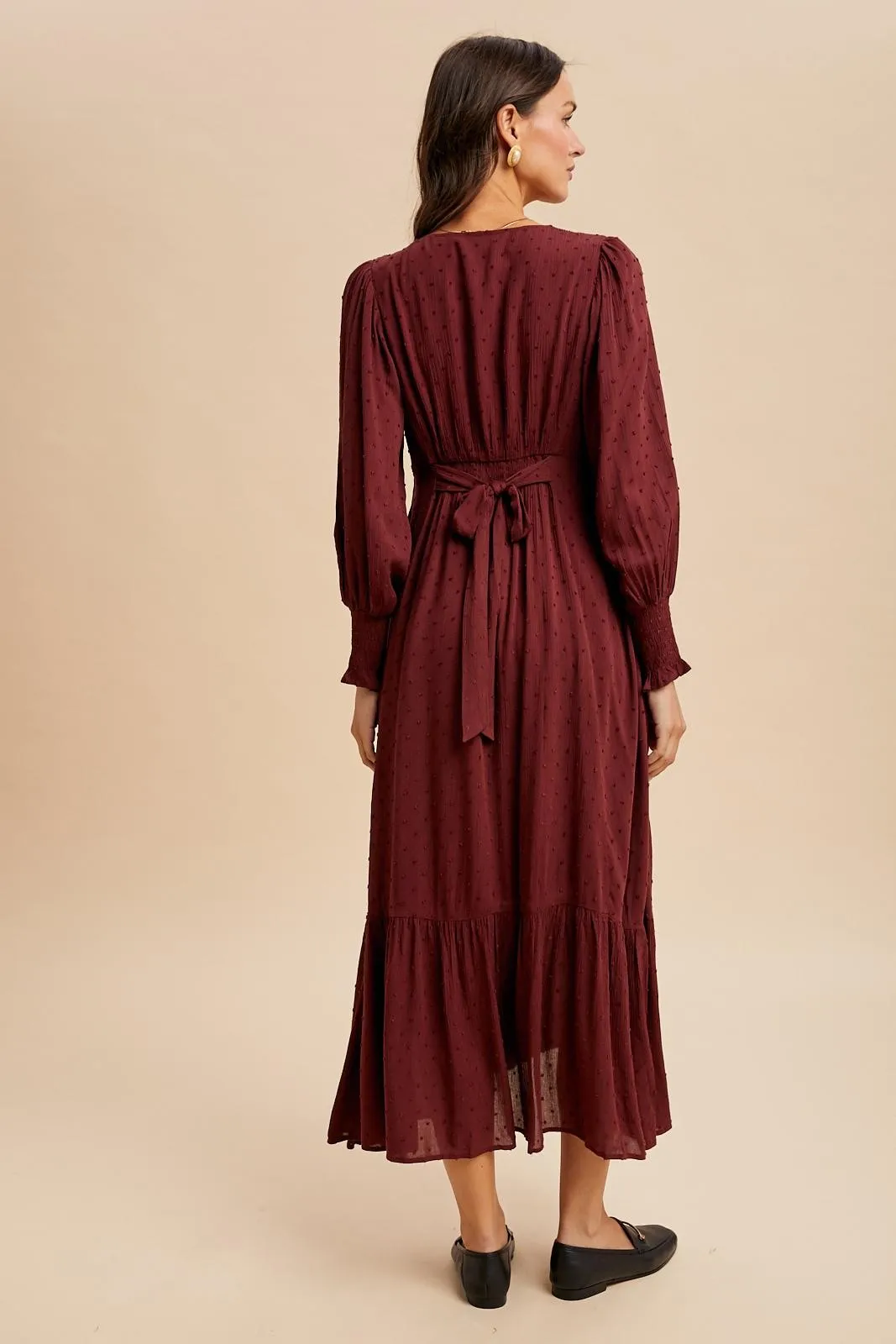 Burgundy Swiss Dot Button Down Maxi Dress sold by Pinkblush product image thumbnail 4