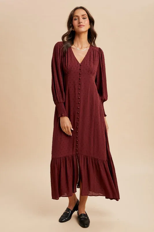 Burgundy Swiss Dot Button Down Maxi Dress sold by Pinkblush
