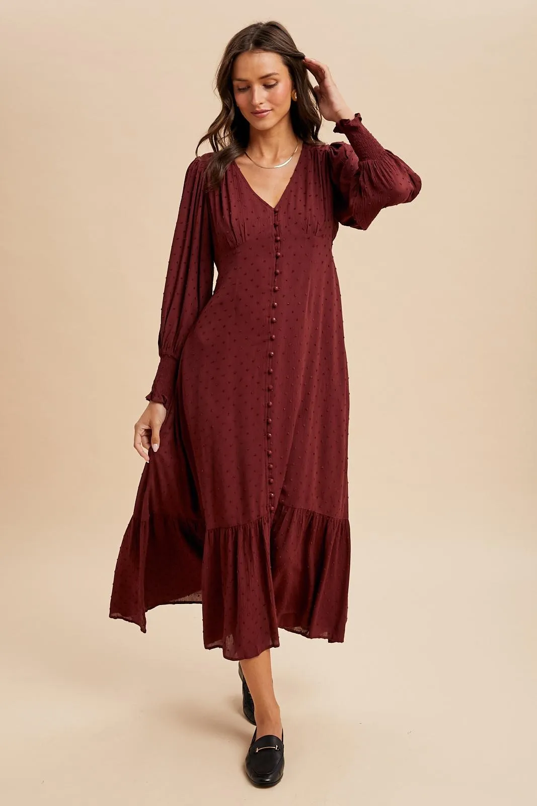 Burgundy Swiss Dot Button Down Maxi Dress sold by Pinkblush product image thumbnail 2