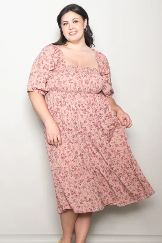 Pink Floral Smocked Plus Midi Dress sold by Pinkblush