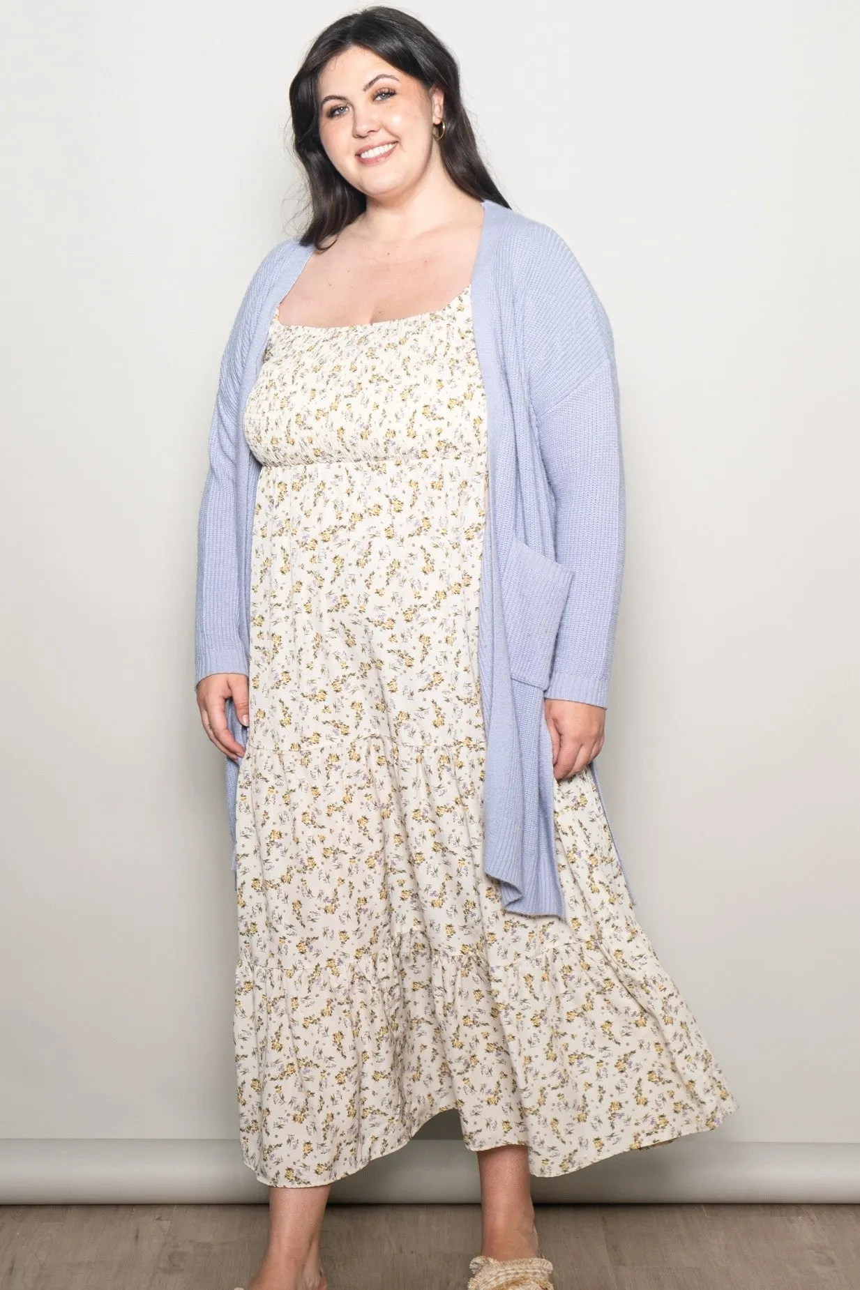 Cream Floral Smocked Long Sleeve Plus Maxi Dress sold by Pinkblush