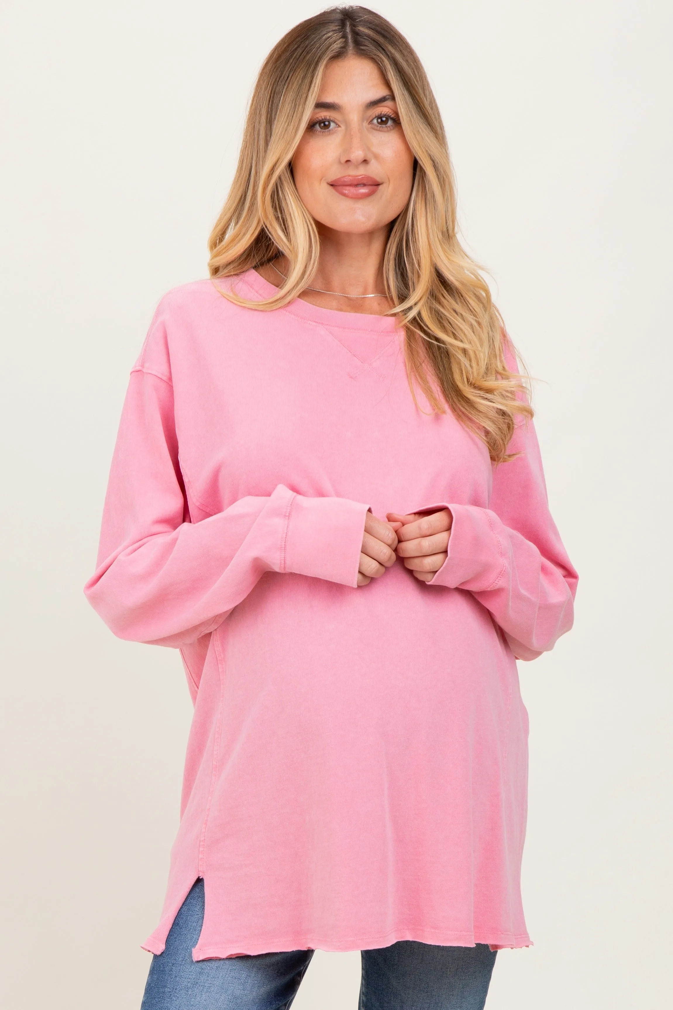 Pink Mineral Washed Drop Shoulder Long Sleeve Maternity Top sold by Pinkblush