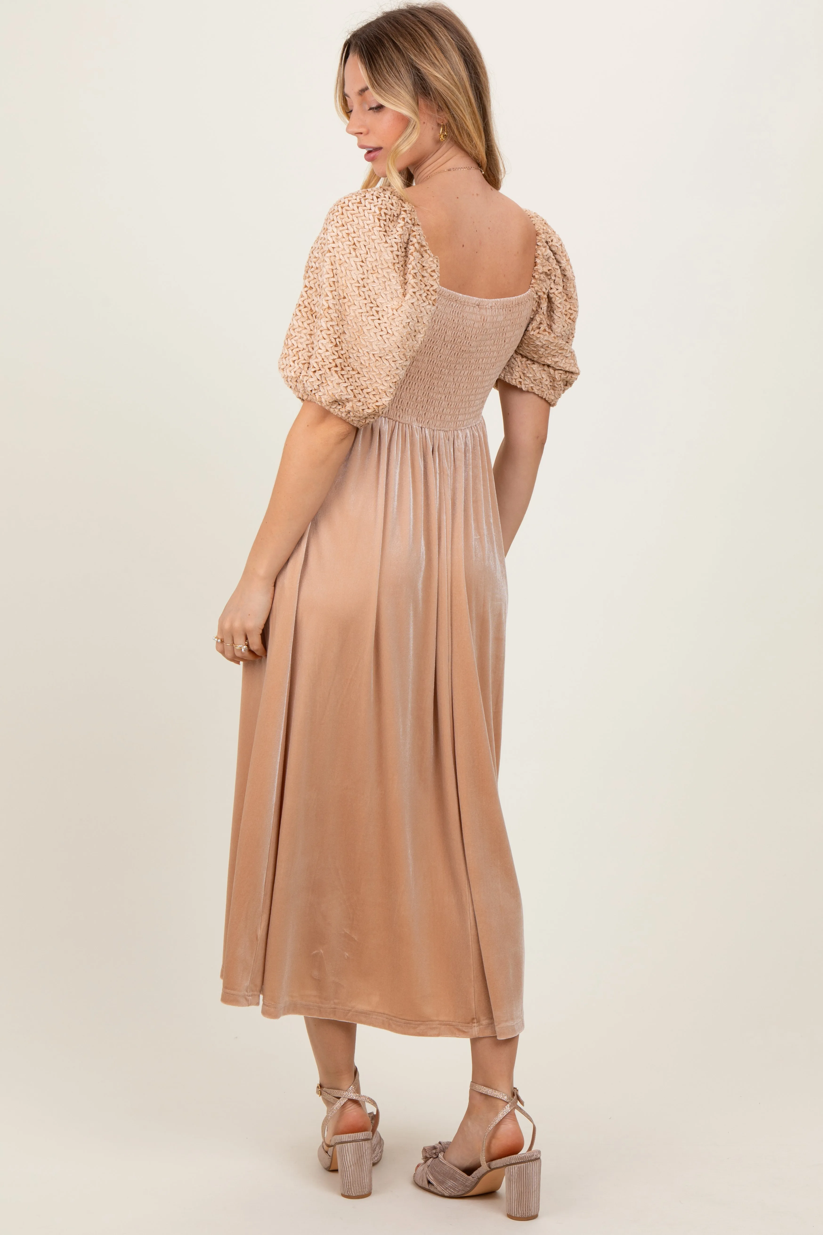 Tan Velvet Contrast Square Neck Midi Dress sold by Pinkblush product image thumbnail 4