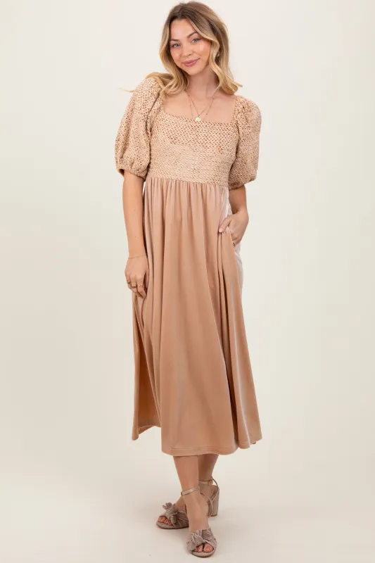 Tan Velvet Contrast Square Neck Midi Dress sold by Pinkblush