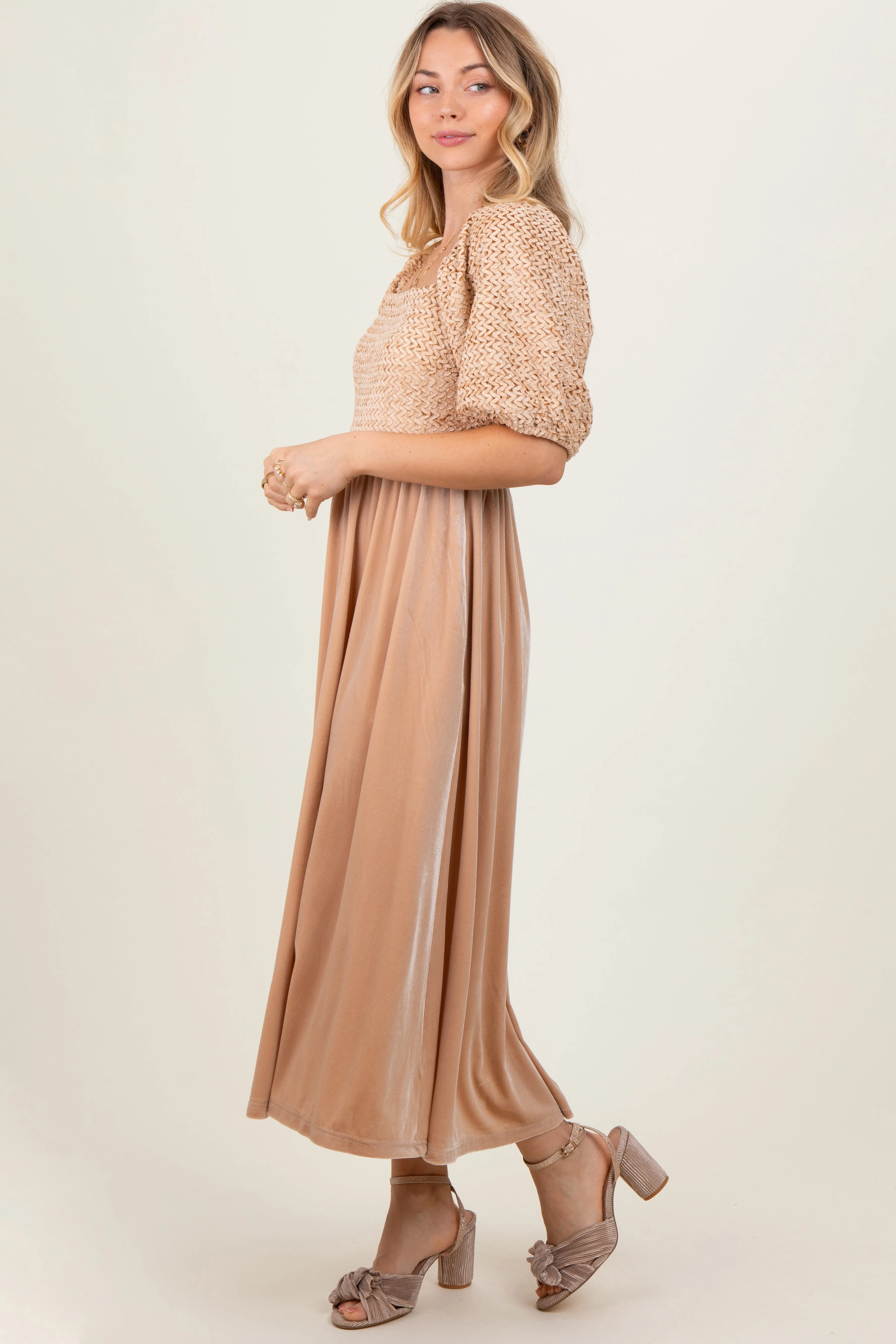 Tan Velvet Contrast Square Neck Midi Dress sold by Pinkblush product image thumbnail 3