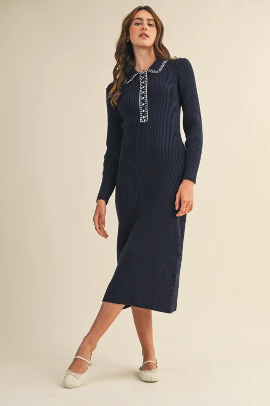 Navy Contrast Stitch Midi Sweater Dress made by Pinkblush