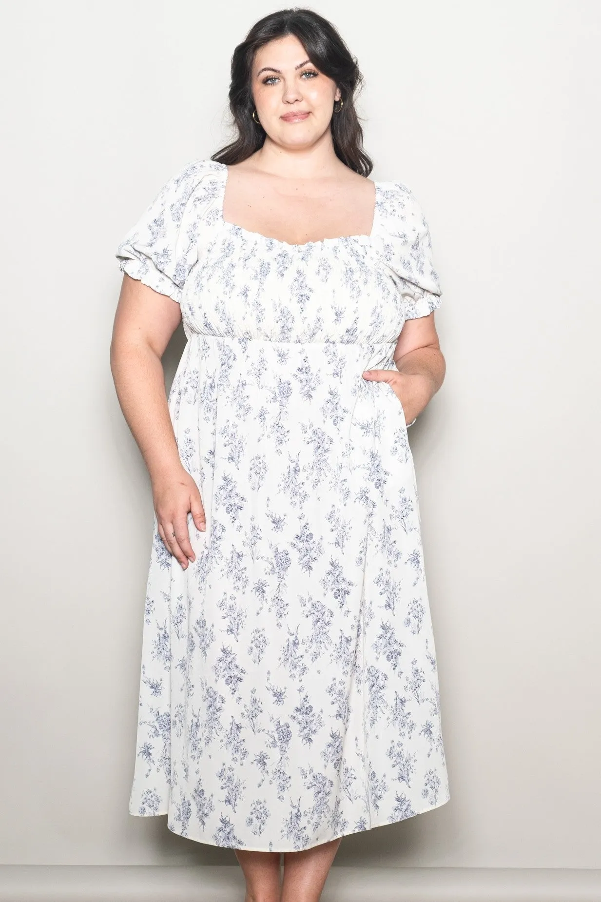 Ivory Floral Smocked Sweetheart Neckline Plus Midi Dress sold by Pinkblush product image thumbnail 2