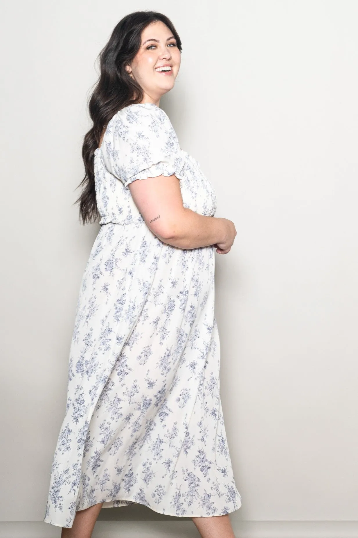 Ivory Floral Smocked Sweetheart Neckline Plus Midi Dress sold by Pinkblush product image thumbnail 3