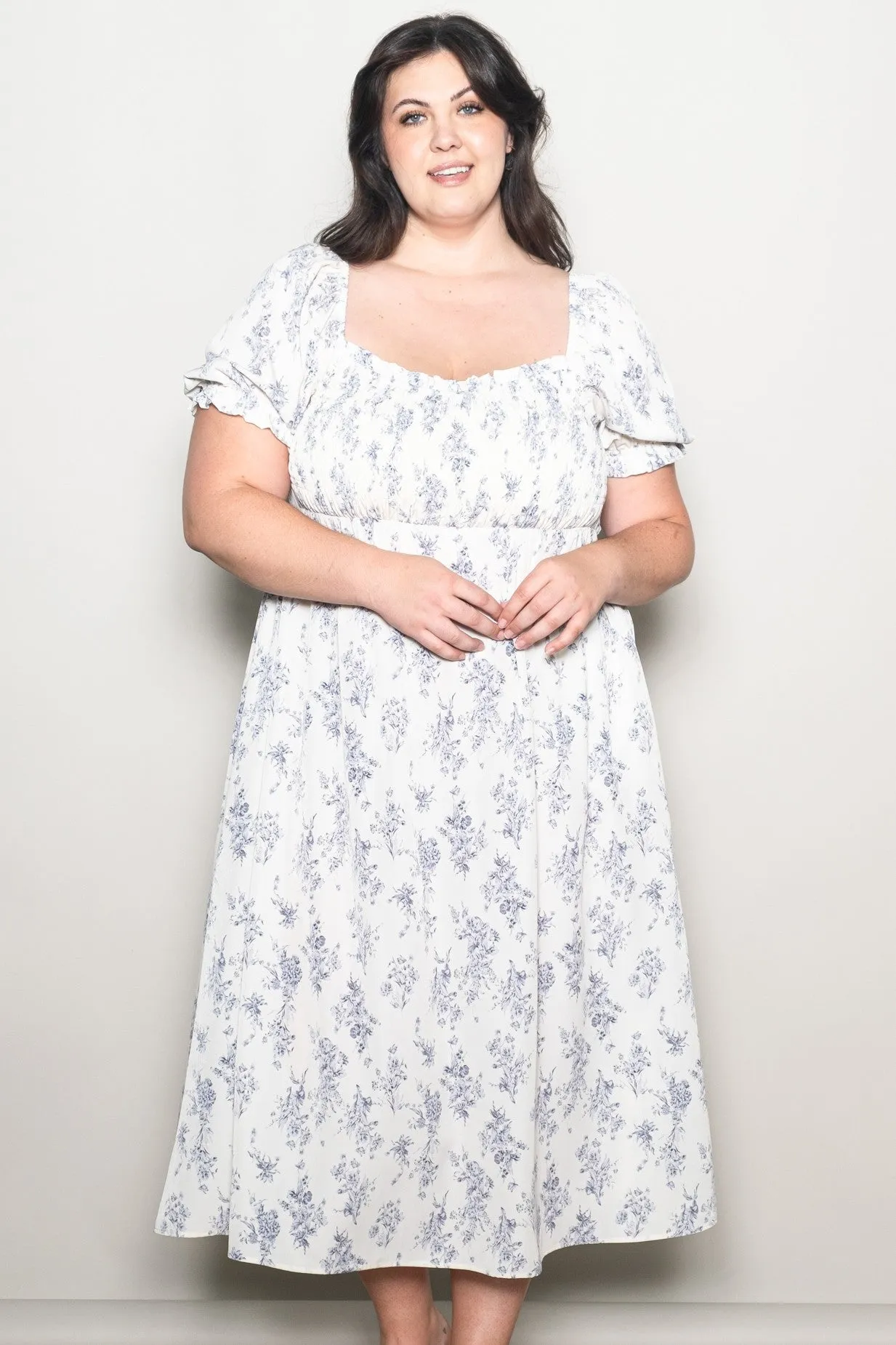 Ivory Floral Smocked Sweetheart Neckline Plus Midi Dress sold by Pinkblush