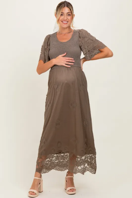 Olive Smocked Lace Detail Maternity Midi Dress sold by Pinkblush