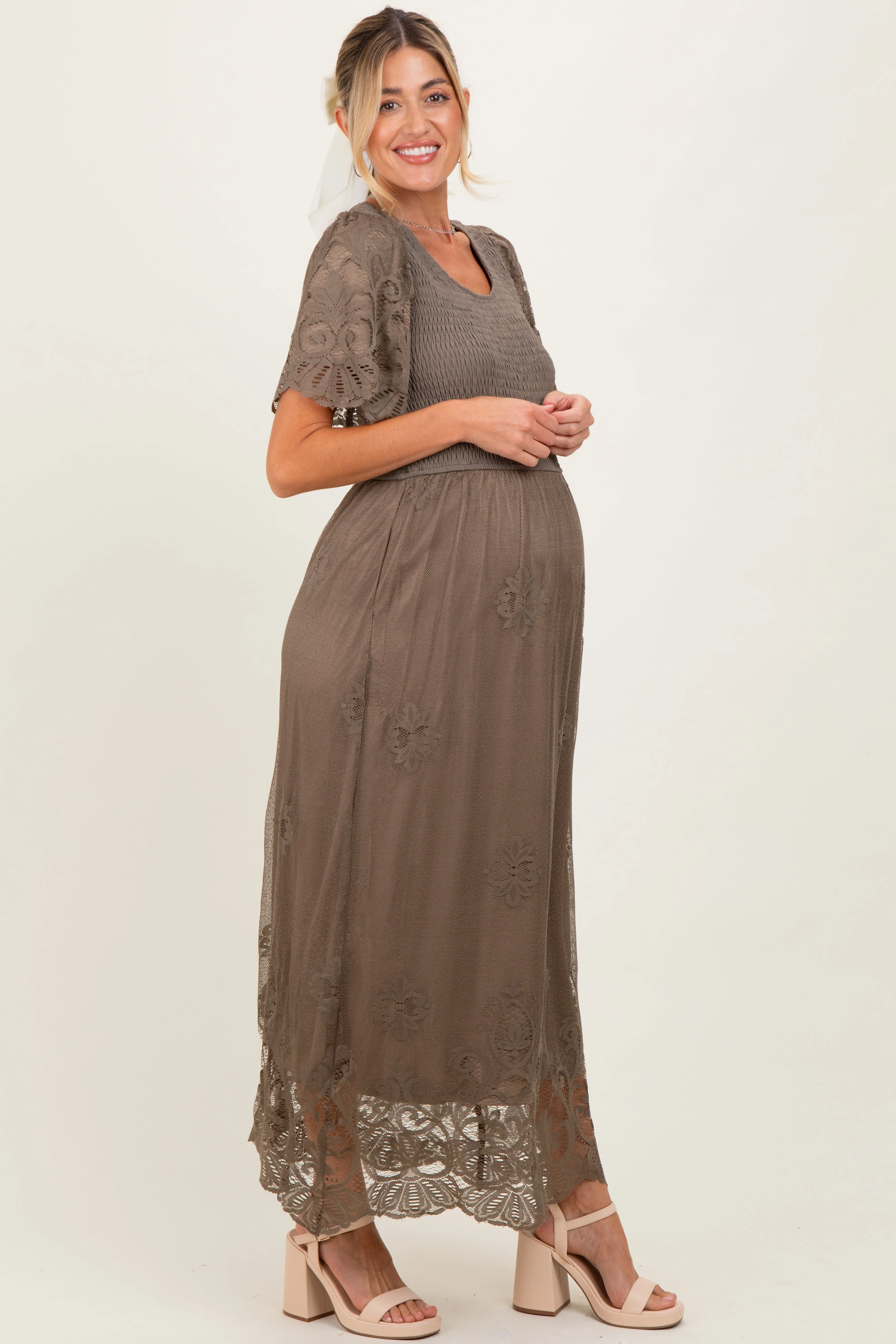 Olive Smocked Lace Detail Maternity Midi Dress sold by Pinkblush product image thumbnail 2